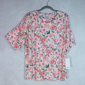 Jones New York Womens Pink Floral Short Sleeve T-Shirt Top Size XL